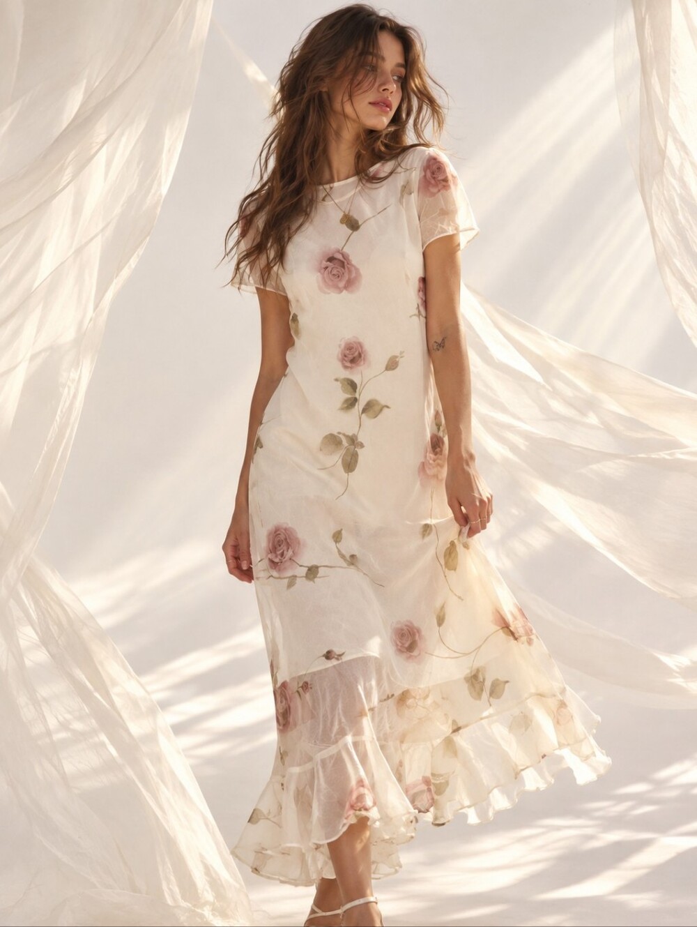 Vintage 90s MSK Floral Chiffon Maxi Dress Size 18W Ruffle Feminine Y2K